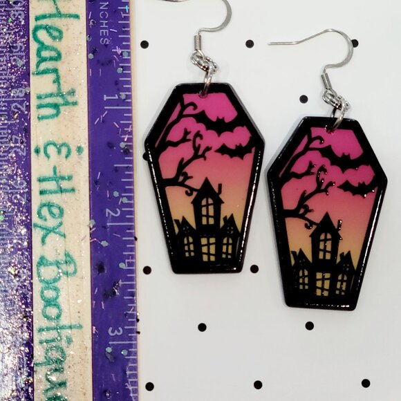 Pink Orange Haunted House Earrings Stainless Steel Hooks Halloween Funky NEW - Picture 3 of 4